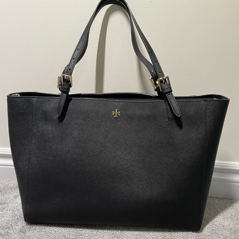 Tory Burch Black Leather Tote with Gold Hardware